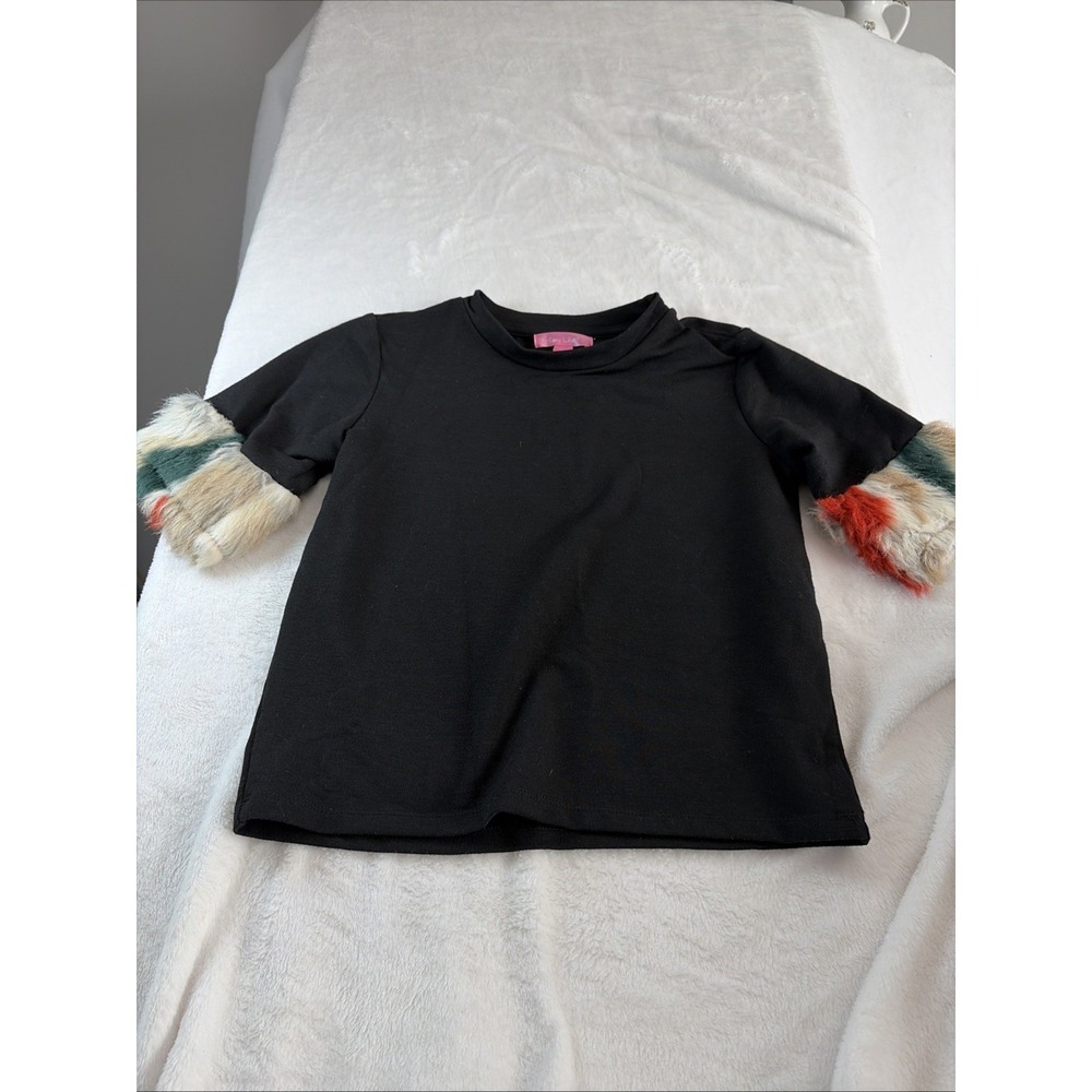 Say What Tween 10-12 Black Tshirt With Vibrant Faux Fur Sleeves Retro Unique EUC